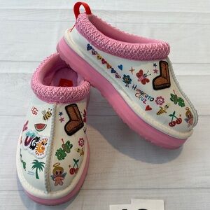 UGG White Slip-On Graphic Clog Mules with Pink Trim